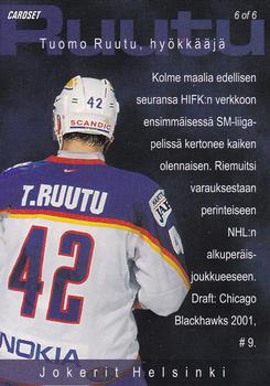 2001-02 Cardset Finland - Adrenaline Rush #6 Tuomo Ruutu Back