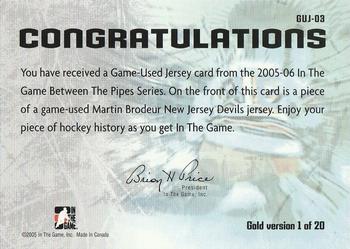 2005-06 In The Game Between the Pipes - Game-Used Jersey Gold #GUJ-03 Martin Brodeur Back