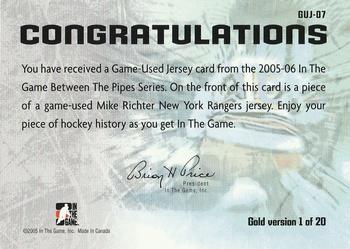 2005-06 In The Game Between the Pipes - Game-Used Jersey Gold #GUJ-07 Mike Richter Back