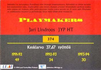 1994-95 Leaf Sisu SM-Liiga (Finnish) #374 Jari Lindroos Back
