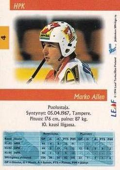 1994-95 Leaf Sisu SM-Liiga (Finnish) #4 Marko Allen Back