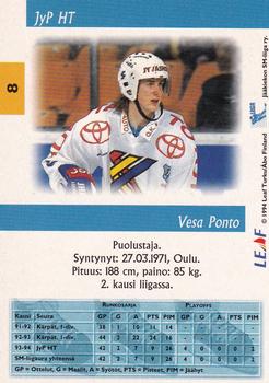 1994-95 Leaf Sisu SM-Liiga (Finnish) #8 Vesa Ponto Back