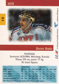 1994-95 Leaf Sisu SM-Liiga (Finnish) #10 Darren Boyko Back