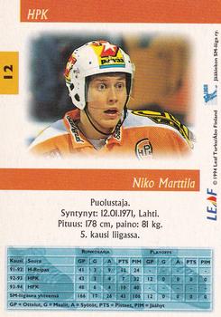 1994-95 Leaf Sisu SM-Liiga (Finnish) #12 Niko Marttila Back