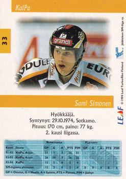 1994-95 Leaf Sisu SM-Liiga (Finnish) #33 Sami Simonen Back