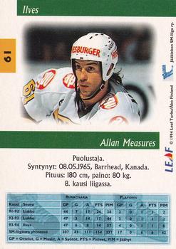 1994-95 Leaf Sisu SM-Liiga (Finnish) #61 Allan Measures Back