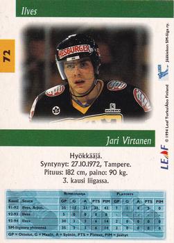 1994-95 Leaf Sisu SM-Liiga (Finnish) #72 Jari Virtanen Back