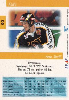 1994-95 Leaf Sisu SM-Liiga (Finnish) #92 Arto Sirviö Back