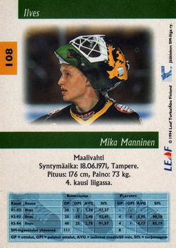 1994-95 Leaf Sisu SM-Liiga (Finnish) #108 Mika Manninen Back