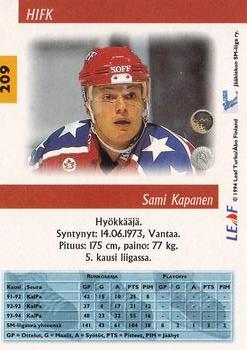 1994-95 Leaf Sisu SM-Liiga (Finnish) #209 Sami Kapanen Back
