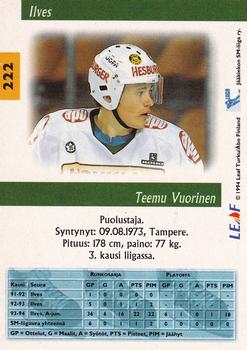 1994-95 Leaf Sisu SM-Liiga (Finnish) #222 Teemu Vuorinen Back