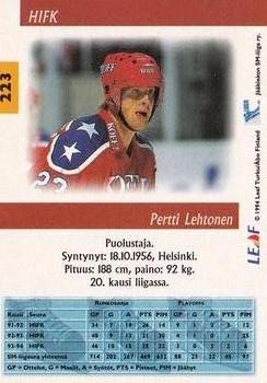 1994-95 Leaf Sisu SM-Liiga (Finnish) #223 Pertti Lehtonen Back