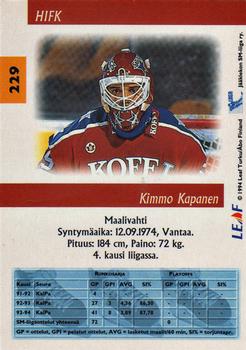 1994-95 Leaf Sisu SM-Liiga (Finnish) #229 Kimmo Kapanen Back