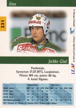 1994-95 Leaf Sisu SM-Liiga (Finnish) #231 Jarkko Glad Back