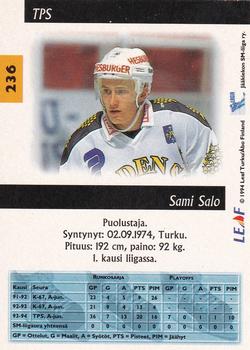 1994-95 Leaf Sisu SM-Liiga (Finnish) #236 Sami Salo Back