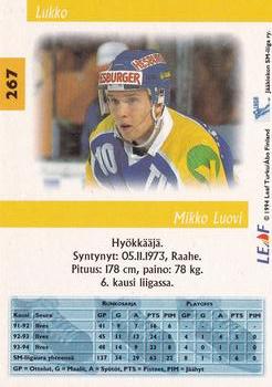 1994-95 Leaf Sisu SM-Liiga (Finnish) #267 Mikko Luovi Back