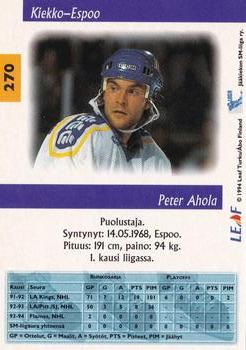 1994-95 Leaf Sisu SM-Liiga (Finnish) #270 Peter Ahola Back