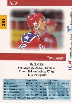 1994-95 Leaf Sisu SM-Liiga (Finnish) #281 Tony Arima Back