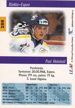 1994-95 Leaf Sisu SM-Liiga (Finnish) #288 Pasi Heinistö Back
