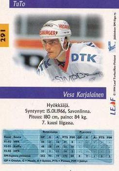 1994-95 Leaf Sisu SM-Liiga (Finnish) #291 Vesa Karjalainen Back