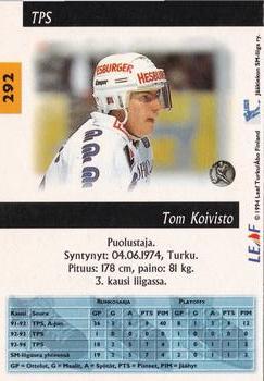 1994-95 Leaf Sisu SM-Liiga (Finnish) #292 Tom Koivisto Back