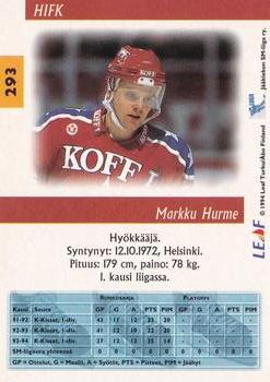 1994-95 Leaf Sisu SM-Liiga (Finnish) #293 Markku Hurme Back