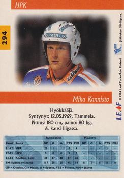 1994-95 Leaf Sisu SM-Liiga (Finnish) #294 Mika Kannisto Back