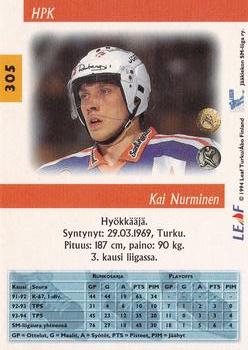 1994-95 Leaf Sisu SM-Liiga (Finnish) #305 Kai Nurminen Back