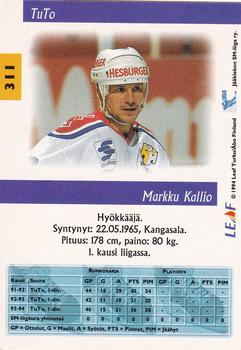 1994-95 Leaf Sisu SM-Liiga (Finnish) #311 Markku Kallio Back
