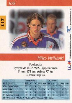 1994-95 Leaf Sisu SM-Liiga (Finnish) #317 Mikko Myllykoski Back