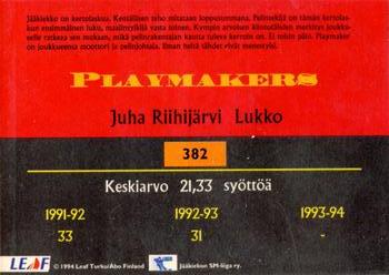 1994-95 Leaf Sisu SM-Liiga (Finnish) #382 Juha Riihijärvi Back