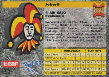 1993-94 Leaf Sisu SM-Liiga (Finnish) #5 Ari Salo Back