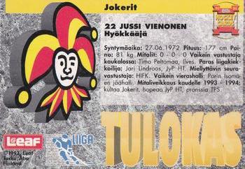 1993-94 Leaf Sisu SM-Liiga (Finnish) #22b Jussi Vienonen Back