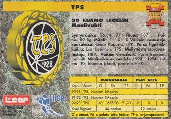 1993-94 Leaf Sisu SM-Liiga (Finnish) #30 Kimmo Lecklin Back