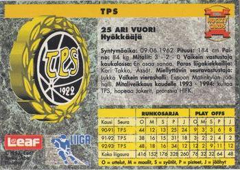 1993-94 Leaf Sisu SM-Liiga (Finnish) #51 Ari Vuori Back