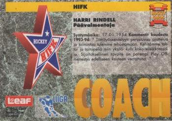 1993-94 Leaf Sisu SM-Liiga (Finnish) #82 Harri Rindell Back