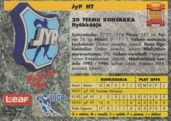 1993-94 Leaf Sisu SM-Liiga (Finnish) #153 Teemu Kohvakka Back