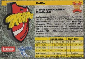 1993-94 Leaf Sisu SM-Liiga (Finnish) #161 Pasi Kuivalainen Back