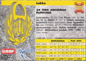 1993-94 Leaf Sisu SM-Liiga (Finnish) #198 Tero Arkiomaa Back