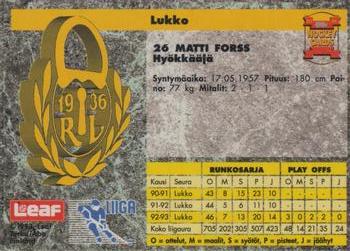 1993-94 Leaf Sisu SM-Liiga (Finnish) #200 Matti Forss Back