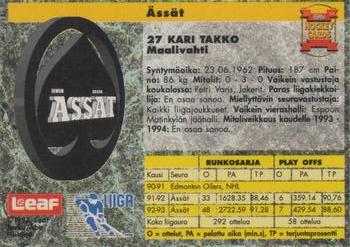 1993-94 Leaf Sisu SM-Liiga (Finnish) #208 Kari Takko Back