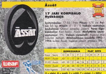 1993-94 Leaf Sisu SM-Liiga (Finnish) #223 Jari Korpisalo Back