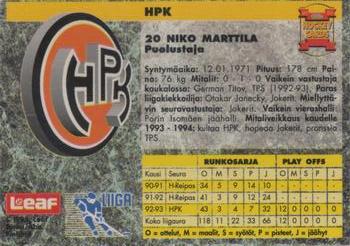 1993-94 Leaf Sisu SM-Liiga (Finnish) #241 Niko Marttila Back
