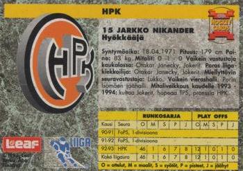 1993-94 Leaf Sisu SM-Liiga (Finnish) #247 Jarkko Nikander Back