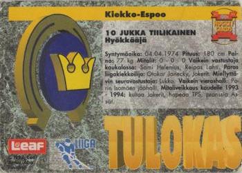 1993-94 Leaf Sisu SM-Liiga (Finnish) #265 Jukka Tiilikainen Back