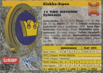 1993-94 Leaf Sisu SM-Liiga (Finnish) #268 Timo Hirvonen Back