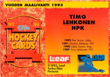 1993-94 Leaf Sisu SM-Liiga (Finnish) #375 Timo Lehkonen Back