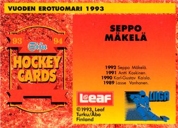 1993-94 Leaf Sisu SM-Liiga (Finnish) #380 Seppo Mäkelä Back
