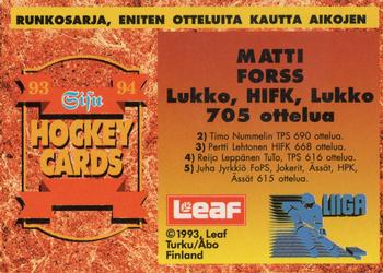 1993-94 Leaf Sisu SM-Liiga (Finnish) #387 Matti Forss Back