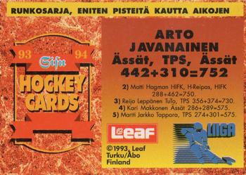 1993-94 Leaf Sisu SM-Liiga (Finnish) #388 Arto Javanainen Back
